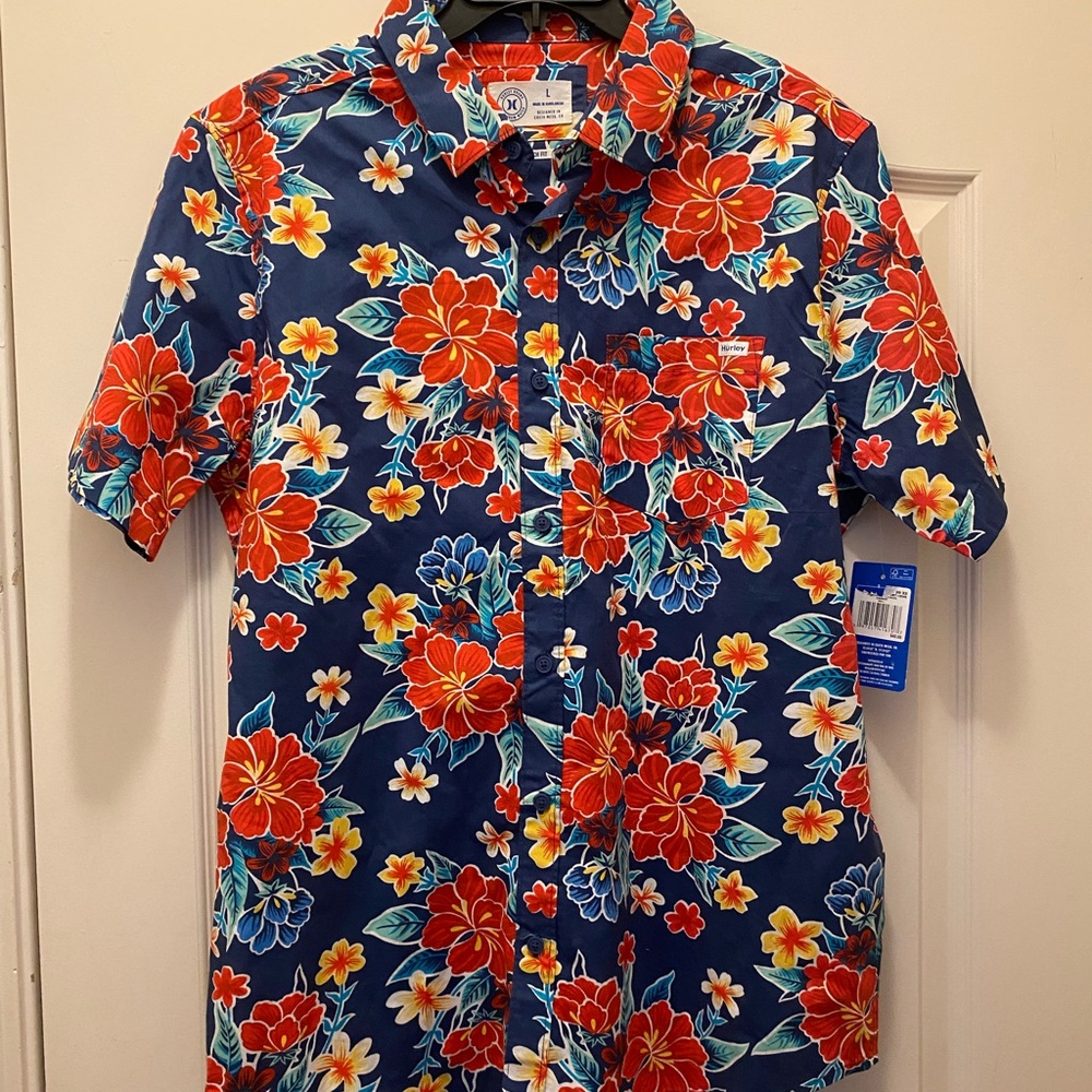 Hurley Floral Button Down Shirt - Navy and Red